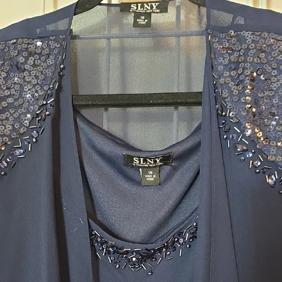 SLNY Navy Long 2 Piece Tank Dress And Long Sleeve Jacket with Sequin Detail 18 - Picture 2 of 10